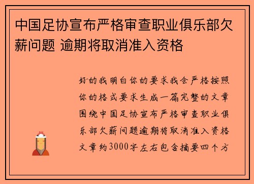 中国足协宣布严格审查职业俱乐部欠薪问题 逾期将取消准入资格